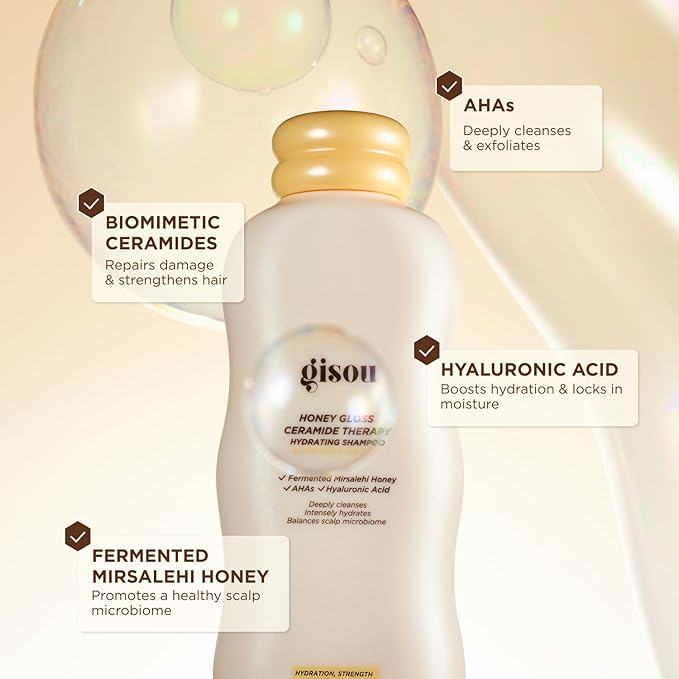 Gisou Honey Gloss Ceramide Therapy Hydrating Shampoo – Deeply Cleanses & Restores Moisture, Ceramides & AHAs, (Wildflower Honey Scent)