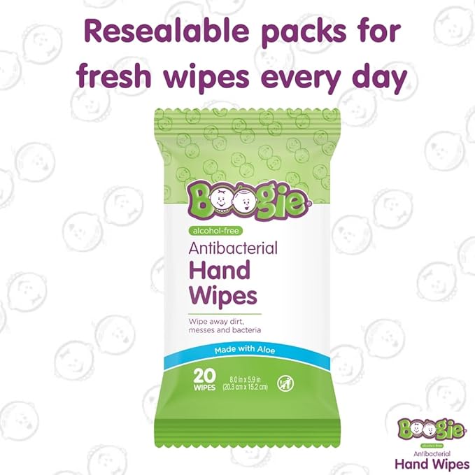 Antibacterial Hand Wipes by Boogie, Alcohol Free, Hypoallergenic and Moisturizing Aloe, Hand Wipes for Kids and Adults, 6 Packs of 20 (120 total wipes)