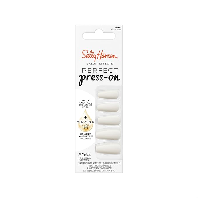 Sally Hansen Salon Effects Perfect Press-On Nails | Coffin Shape | Easy to Apply, Non-Damaging | 30 Nails, Nail Glue, Adhesive Tabs, File | Viva Vanilla