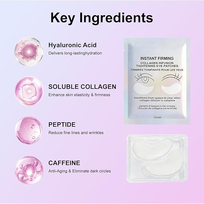 Under Eye Patches -Collagen Firming and Lifting Eye Masks for Puffiness, Dark Circles, Improving Fine Lines and Wrinkles, with Hyaluronic Acid for Hydration and Firming Eye Care Patches, 8 Pair Pack