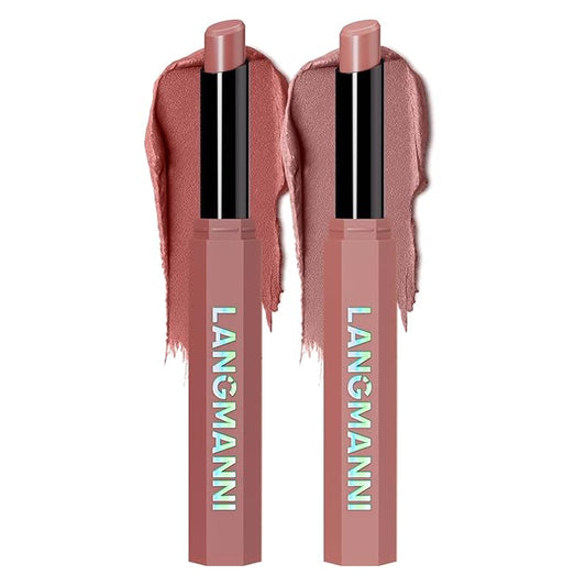 Jolilab 2Pcs Velvet Matte Lipstick Nude Matte Soft Dark Color Stick High Pigmented Long-Lasting Waterproof Lip Stick Lip Balm Beauty Cosmetics Gift for Women(#01+02)