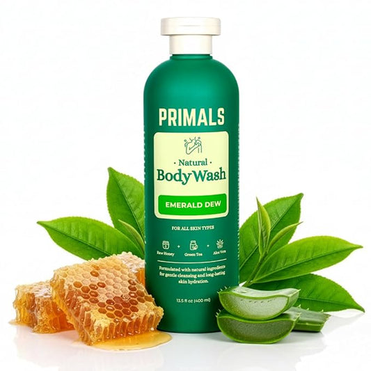 PRIMALS Natural Body Wash - Aloe Vera, Raw Honey, Green Tea - Natural Ingredients - Zero Artificial Fragrances, Sulfates, Parabens, or Dyes - 13.5 Fl Oz