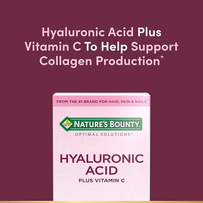 Nature's Bounty Vitamin C and Hyaluronic Acid Supplement, Supports Glowing Skin, Immune Function & Collagen Production, 120 Capsules - 60 Day Supply, Optimal Solutions Supplements for Skin Health
