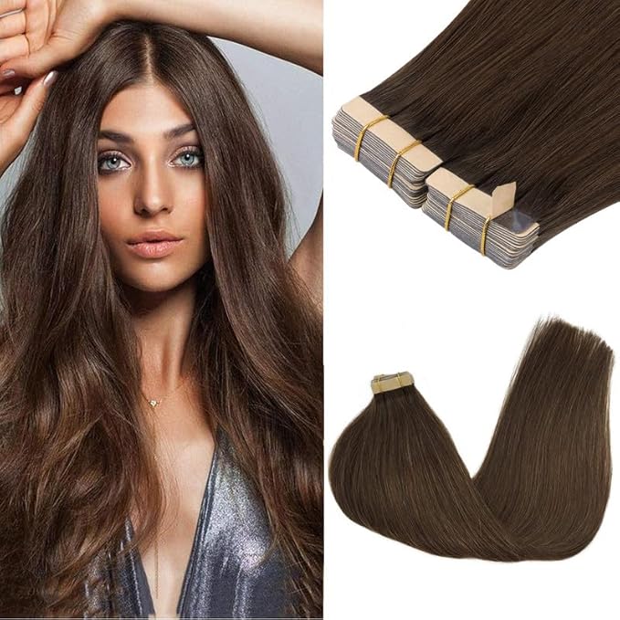 GOO GOO Tape in Hair Extensions Human Hair, 4A Chocolate Brown, 14inch 100g 40pcs, Skin Weft Seamless Invisible, Silky Straight with Thick Ends, Remy Human Hair