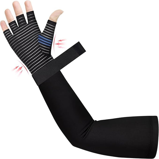 Copper Long Compression Arthritis Glove with Wrist Strap (1 Pcs), 20-30 mmHg Lymphedema Compression Arm Sleeve with Gauntlet, Fingerless Graded Pressure Full Arm and Hand Support for Men Women