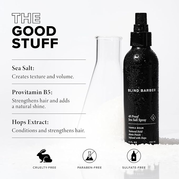 Blind Barber 40 Proof Sea Salt Spray for Men -  Salt Water Hair Spray for Volume & Texture - Water-Based Matte Finish with Light-Medium Hold - Enhances Beach Waves & Body - Tonka Bean Scent (5  Fl oz)