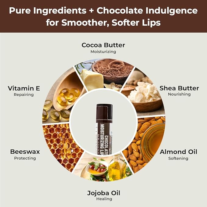 RaGaNaturals Natural Chocolate Lip Balm - Original Beeswax, Shea Butter, Jojoba Oil, Vitamin E - All Day Hydration for Dry & Cracked Lips - Stocking Stuffers & Christmas Gift -Handmade in USA (4 Pack)
