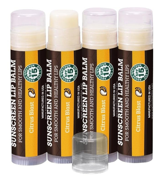 Earth's Daughter SPF Lip Balm 4-Pack Citrus Flavor - Lip Sunscreen, SPF 15, Organic Ingredients, Beeswax, Coconut Oil, Vitamin E - Hypoallergenic, Paraben Free, Gluten Free