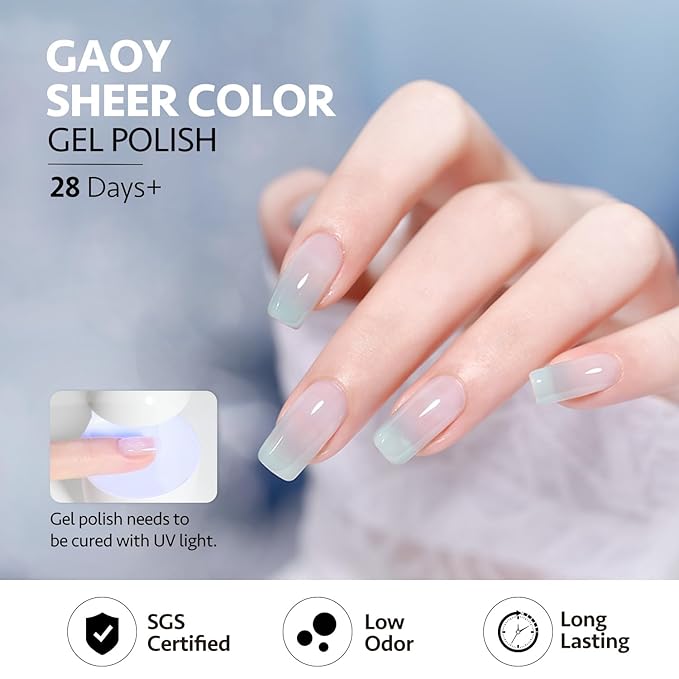 GAOY Jelly Blue Gel Nail Polish Set, 6 Transparent Colors, UV Light Cure Gel Polish for Salon and Nail Art DIY at Home