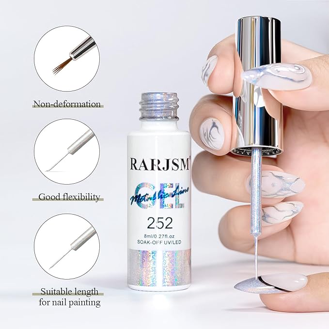 RARJSM Metallic Silver Nail Art Gel Liner Mirror Chrome 3D Holographic Laser Rainbow Effect Gel Nail Polish 8ml Build in Thin Brush Painted Drawing Striper Painting Curing Requires for Home Salon