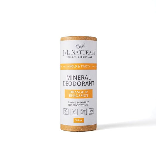 J&L Naturals Mineral Deodorant | Baking Soda-Free, 100% Natural, Sustainable Skin Care | Sensitive Deodorant For Women & Men | Aluminum Free, Vegan, Cruelty-Free (Orange & Bergamot, 3 Oz (Pack of 1))