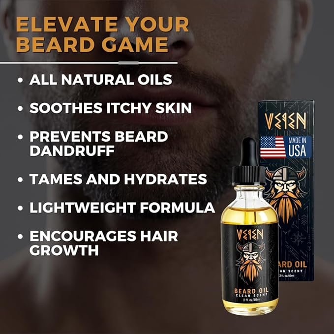 Veien Beard Oil for Men Premium All-Natural 2floz Made in USA for Thicker Darker Fuller Growth Moisturizes Conditions Softens Strengthens Smooths Frizz Hydrates for All Hair & Skin Types Reduces Itch