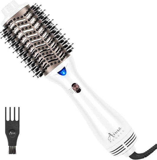 Aima Beauty Blow Dryer Brush - Ionic Ceramic Hot Air Brush for Frizz-Free Straightening & Voluminous Blowout, 2.3‘’/ 60mm Oval Barrel with Nylon Bristles, 360 Surrounded Vent, 3 Heat Settings, White