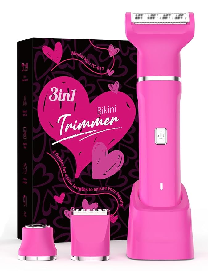 Bikini Trimmer for Women - IPX7 Waterproof Pubic Hair Remover for Shower & Travel, 3-in-1 Bikini Trimmer with Body/Round/Curved Heads, Hypoallergenic Foil & Ceramic Blades, Self-Care Gifts for Her