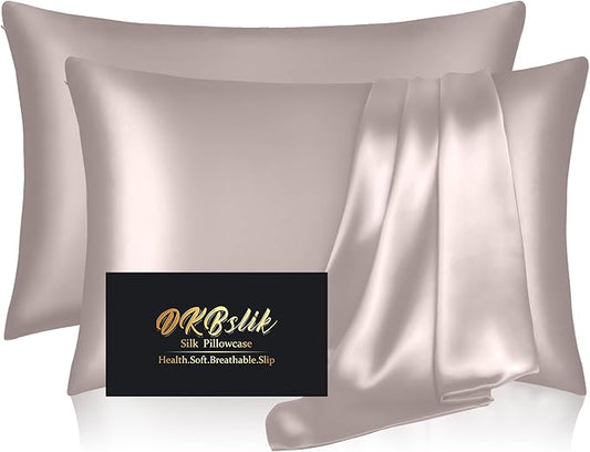 Silk Pillowcase 2 Pack, Natural Mulberry Silk Pillow Cases, Anti Acne Silk Pillowcase for Hair and Skin, King Size Silk Satin Pillowcase Set of 2 with Zipper, Gifts for Sleeping Women, Taupe