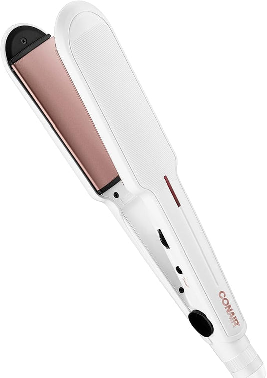 Conair Double Ceramic Flat Iron, 1½-inch Flat Iron, 5 Heat Settings Up to 410°F, Extra-Wide Floating Plates, For All Hair Types and Textures, White