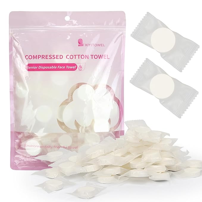 Classycoo Thick Disposable Compressed Towels Tablets- Individually Wrapped Face Towel Travel, Portable Mini Magic Clean Towelettes Daily Single for Camping, Beauty(Alcohol-Free, Odorless, 50 PCS)