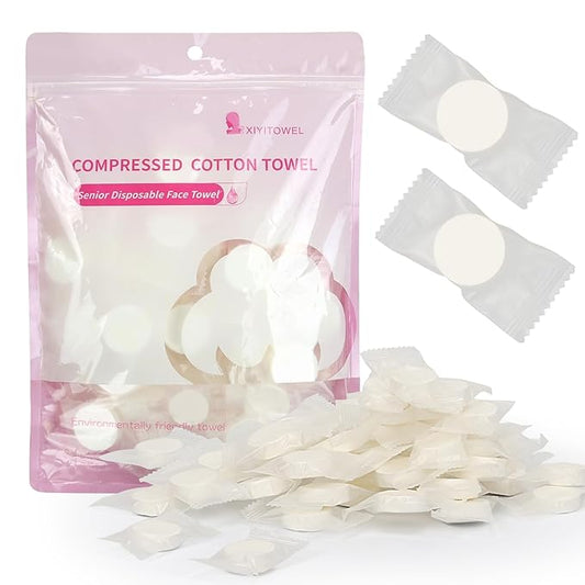 Classycoo Thick Disposable Compressed Towels Tablets- Individually Wrapped Face Towel Travel, Portable Mini Magic Clean Towelettes Daily Single for Camping, Beauty(Alcohol-Free, Odorless, 50 PCS)