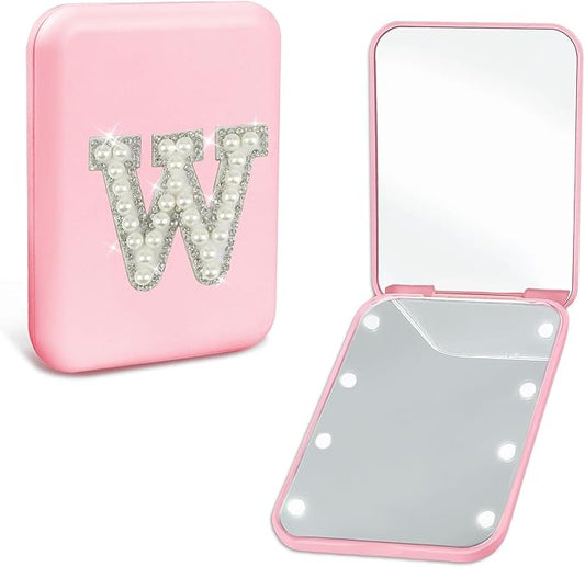 Personalized LED Travel Compact Mirror for Purses, Pearl Initial Letter 1X/2X Magnification Small Makeup Mirror with Lights Pink Portable Pocket Mirror Mom Friends Bridesmaid Gifts (W)