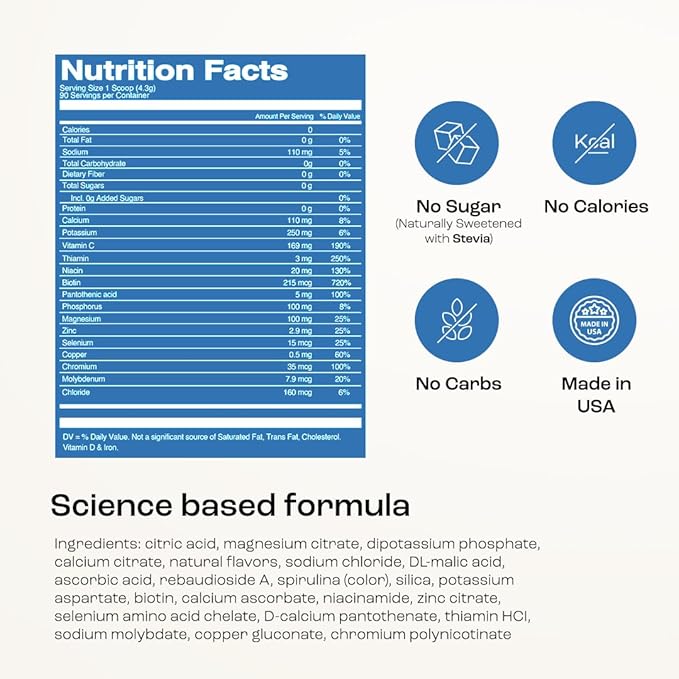KEY NUTRIENTS Multivitamin Electrolytes Powder No Sugar - Sweet Blue Raspberry Electrolyte Powder - Endurance & Energy Supplement - Hydration Powder - No Calories - 90 Servings - Made in USA