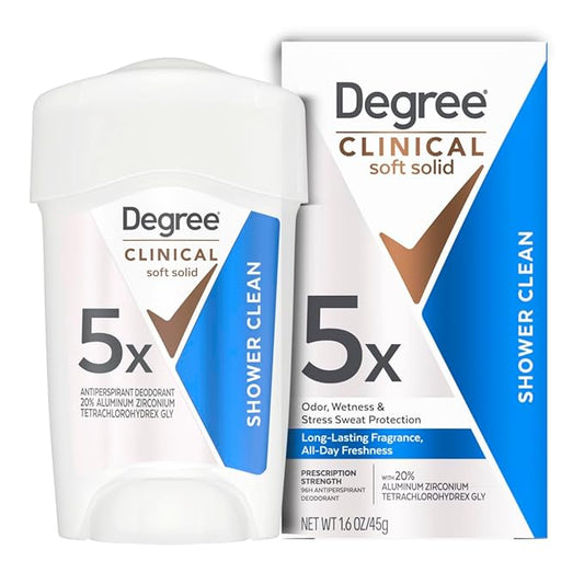 Degree Clinical Strength Antiperspirant Deodorant 96-Hour Sweat and Odor Protection Shower Clean Soft Solid 5x Types of Sweat 1.6 oz