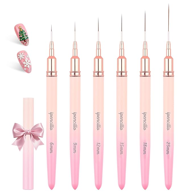 Nail Art Brushes, 6 Pcs Nail Liner Brushes for Nails, Nail Brushes for Nail Art Lines, Details, Edge and Plaid, Nail Art Brushes with Cap, Thin Liner Brushes Sizes 6/9/12/15/18/25 mm, Pink