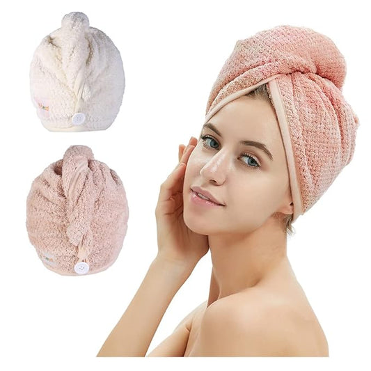 2 Pack Microfiber Hair Towel Wrap,Hair Drying Towel with Button, Hair Towel Turban,Quick Dry,Anti-frizz,Absorbent Head Towel (Pink&Beige)