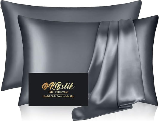 Silk Pillow Cases 2 Pack, Mulberry Silk Pillowcases Standard Set of 2, Smooth, Anti Acne, Both Sides Natural Silk Satin Pillow Cases for Sleeping Women 2 Pack with Zipper, Space Grey