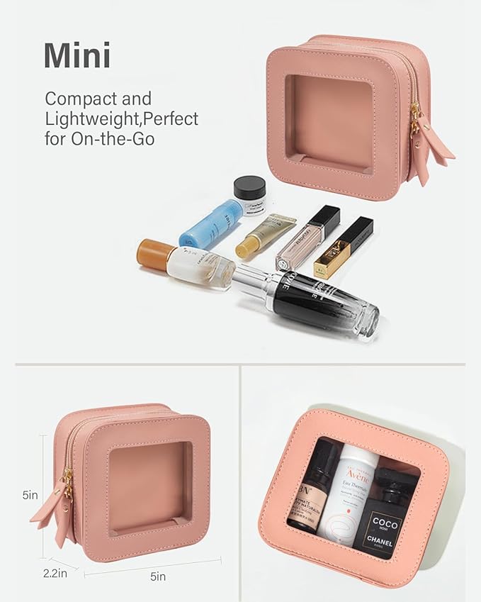 Mini Clear Makeup Bag Travel Cosmetic Case Transparent Toiletry Bag with Zipper, Portable Make Up Organizer Traveling Compact Pink Car Essentials for Girls(Pink, Mini)