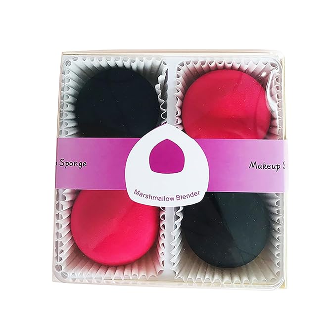 Marshmallow Makeup Sponge 4pcs/set, Latex-free and Vegan Super Soft Dry Wet Used Beauty Sponge Blender for Foundation, Powder and BB Cream (Black+Rose Red)