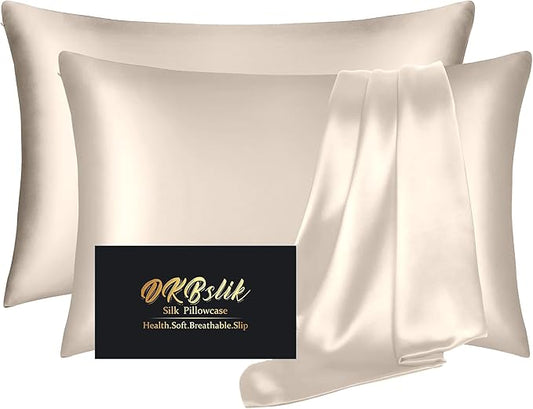 Silk Pillowcase 2 Pack, Natural Mulberry Silk Pillow Case, Anti Acne Silk Pillowcase for Hair and Skin, King Size Silk Satin Pillowcase Set of 2 with Hidden Zipper, Gifts for Women Men, Beige