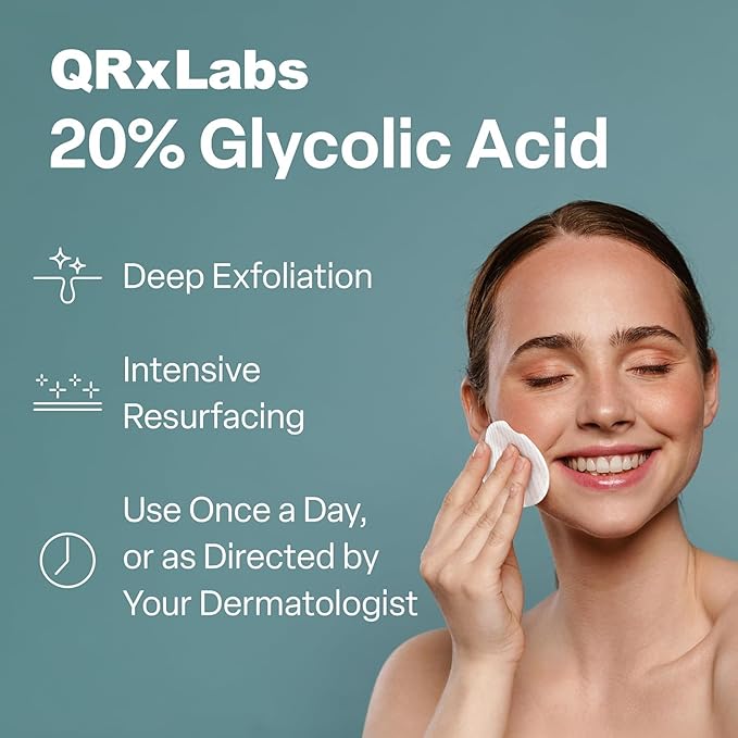 QRxLabs Glycolic Acid Pads - 20% Resurfacing Pads AHA for Face & Body - Exfoliates Skin Surface and Reduces Appearance of Fine Lines and Wrinkles - Acne Treatment Clearing - Daily Pads - 50ct 2PK
