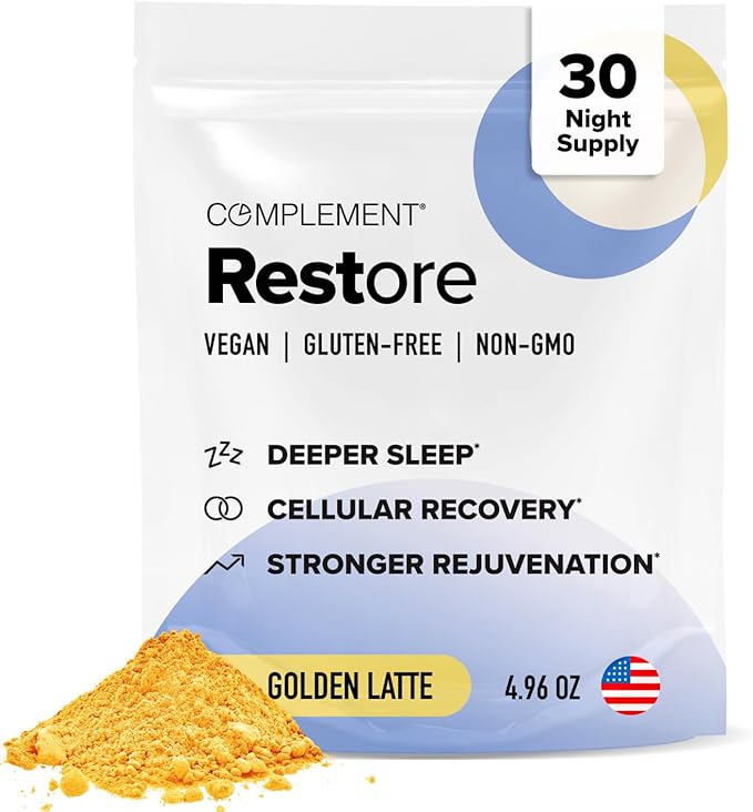 Complement Restore Golden Latte - Calm Magnesium Powder, Deep Sleep Aid Drink - Reishi, Ashwagandha, Valerian & L-Theanine - Nighttime Recovery, Relaxation Adaptogens Mix - No Melatonin (30 Servings)