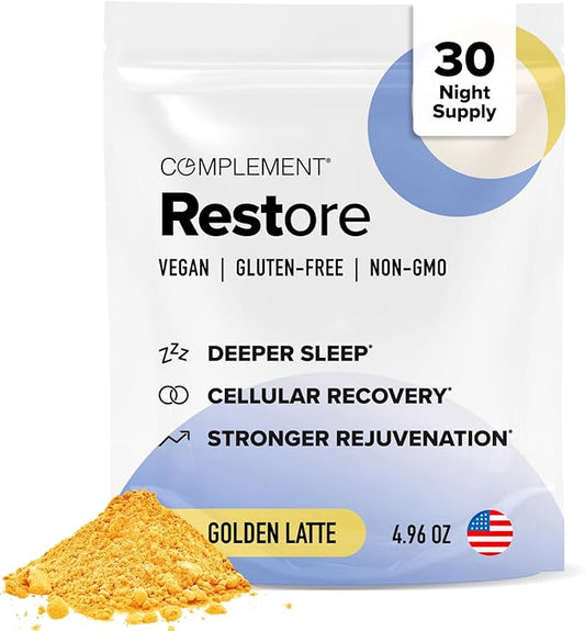 Complement Restore Golden Latte - Calm Magnesium Powder, Deep Sleep Aid Drink - Reishi, Ashwagandha, Valerian & L-Theanine - Nighttime Recovery, Relaxation Adaptogens Mix - No Melatonin (30 Servings)