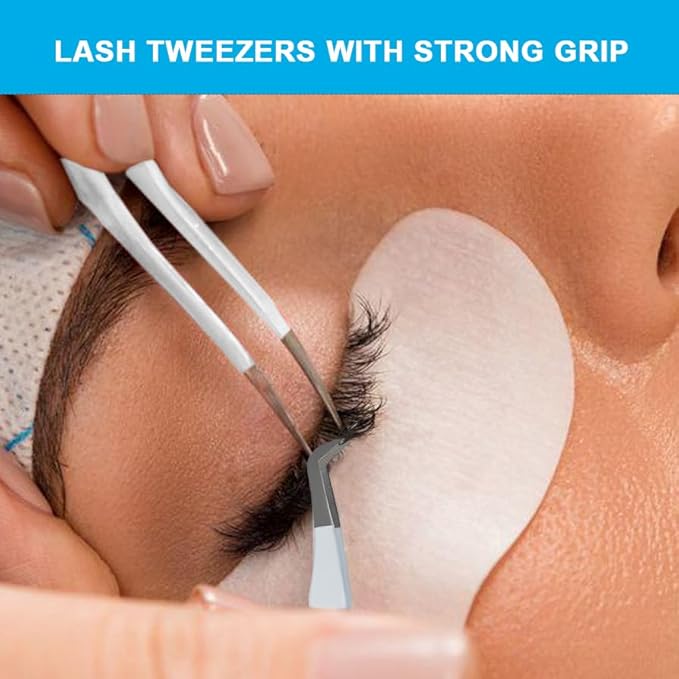 Lash Tweezers for Eyelash Extensions, Set of 3 - Volume, J Curved, Isolation Tweezers with Fiber Tips in White Colors, Ideal for Mega, Volume & Russian Lashes