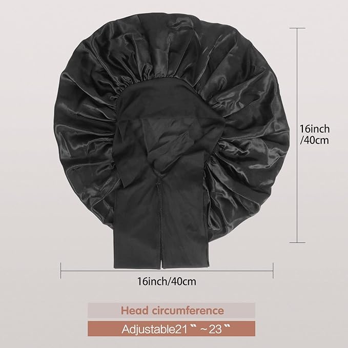 Arqumi 2 Pcs Satin Sleeping Bonnet, Large Long Strap Tie Band, Adjustable Sleep Night Cap Hair Bonnet for Women & Men, Black+Black