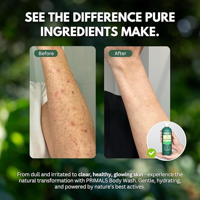 PRIMALS Natural Body Wash - Aloe Vera, Raw Honey, Green Tea - Natural Ingredients - Zero Artificial Fragrances, Sulfates, Parabens, or Dyes - 13.5 Fl Oz