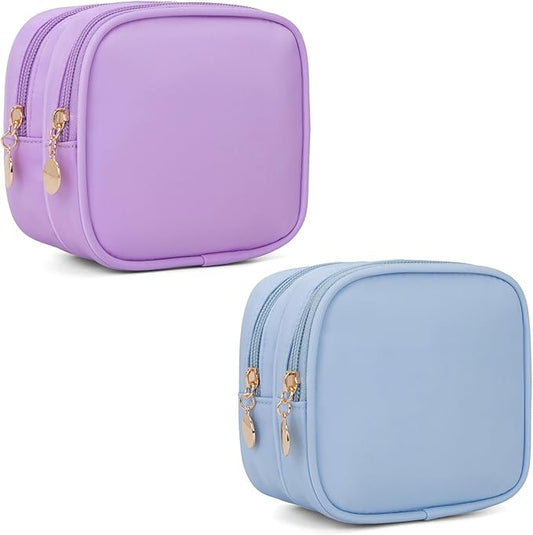 2PCS Small Makeup Pouch, Double Zipper Cosmetic Bag, Travel Makeup Bag, Cute Makeup Bag for Purse, Mini Toiletry Bag (Blue+Lilac)