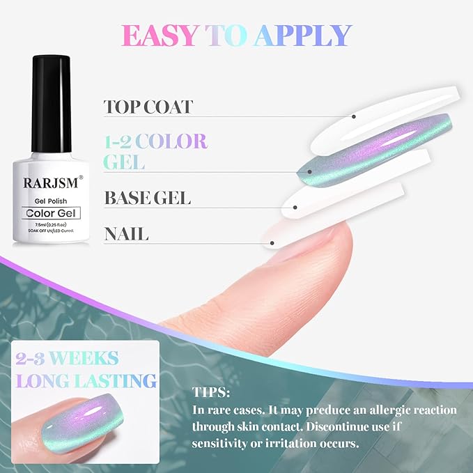 RARJSM Aurora Ocean Cat Eye Gel Nail Polish Set 6pcs Ceramic Duo Color Shimmer Universal Pink Orange Green Blue Purple Glitter Pearl Shell Mermaid Cateye Effect with Magnet Stick Curing Requires