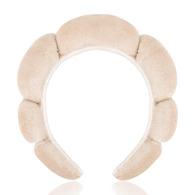 CAVETEE Spa Headband for Washing Face, Sink Care Headband for Women Sponge Bubble Makeup Head band for Women, Soft Velour Hair Accessoriesfor Girls (Beige, one size)