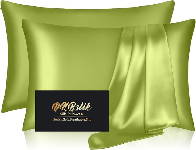 Silk Pillow Cases 2 Pack, Mulberry Silk Pillowcases Standard Set of 2, Smooth, Anti Acne, Both Sides Natural Silk Satin Pillow Cases for Sleeping Women 2 Pack with Zipper, Olive Green