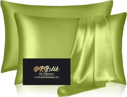 Silk Pillow Cases 2 Pack, Mulberry Silk Pillowcases Standard Set of 2, Smooth, Anti Acne, Both Sides Natural Silk Satin Pillow Cases for Sleeping Women 2 Pack with Zipper, Olive Green