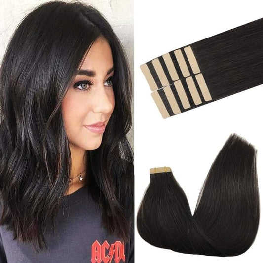 GOO GOO Tape in Hair Extensions Human Hair, 1B Natural black, 20inch 30g 10pcs, Skin Weft Seamless Invisible, Silky Straight with Thick Ends, Remy Human Hair