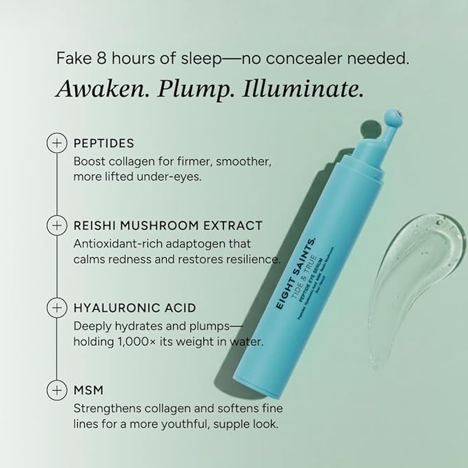 Eight Saints Tide & True Peptide Eye Serum for Puffiness & Wrinkles, Under Eye Roller Ball Treatment for Dark Circles & Fine Lines, Natural & Organic Eye Cream, 0.5 fl oz