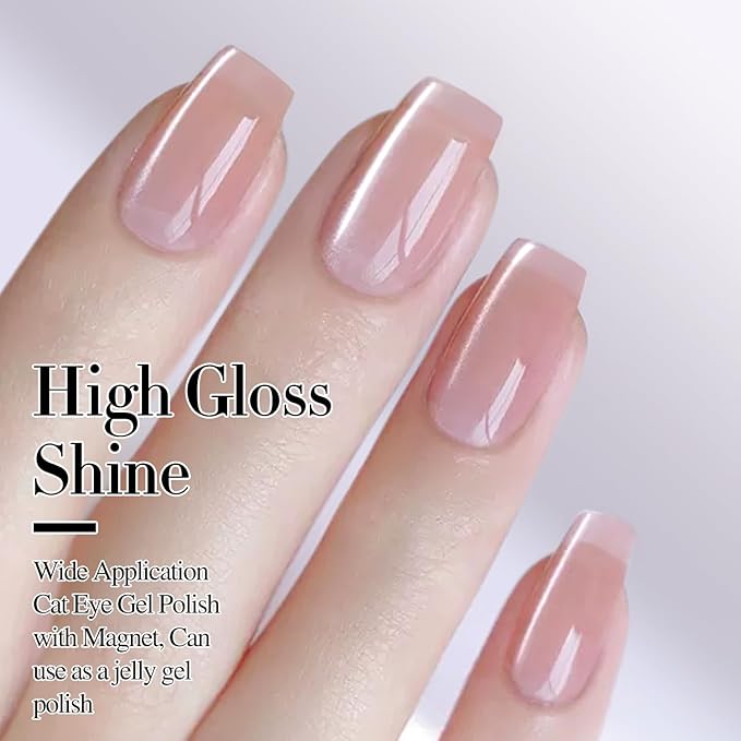 Double Rhythm Jelly Glass Cat Eye Gel Polish with Magnet 15ML Holographic Glitter Shimmer Translucent Sheer Color Magnetic Nail Polish Salon DIY at Home (Jelly Pink Nude-MC1104)