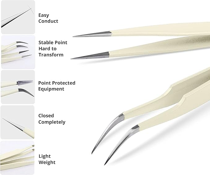 SIVOTE Lash Tweezers for Eyelash Extensions, Hand Calibrated Straight & Curved Tip, Pack of 2, Vanilla