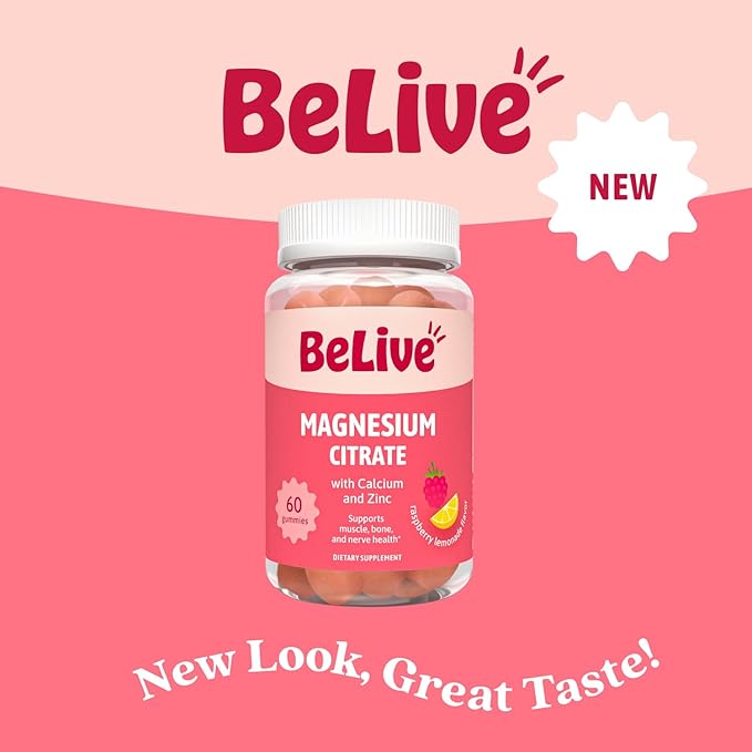 BeLive Magnesium Citrate Gummies with Calcium and Zinc for Adults and Kids - High Absorption Magnesium Supplement for Cognitive, Bone, Muscle and Nerve Health - Raspberry Lemonade - 120 Count