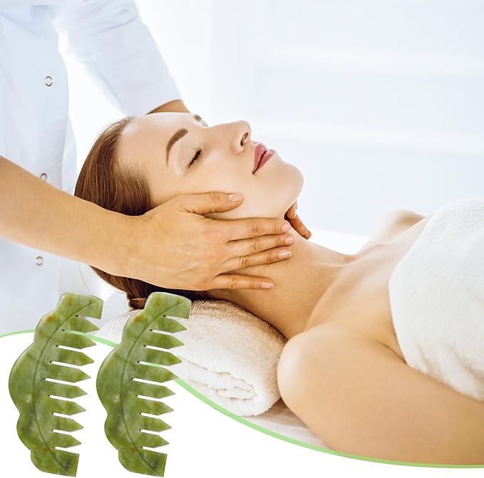 Geiserailie 2 Pcs Jade Combs Esthetician Supplies Massage Stone Hair Gua Sha Scraping Scalp Comb Facial Massage Tool Handheld Head Tools Head Caring Therapy Valentines for Women(Plain Style)