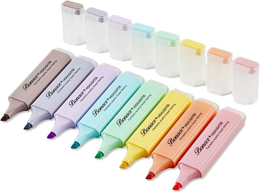 BONACE Pastel Highlighters,Chisel Tip Marker Pen,8 Assorted Macaron Colors Highlighter Pens, Mini Highlighters,Water Based, Quick Dry, Aesthetic Highlighter for Office