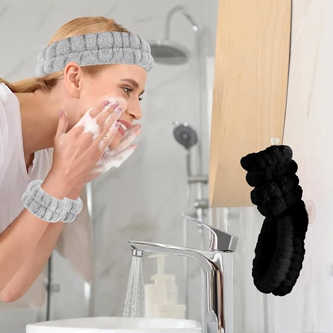 Face Wash Headband and Wristband Set - Microfiber Wrist Towels with Holder for Face Washing and Spa, Absorbent Scrunchies